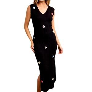 Commense Women's XLarge Black Multicolor 3D Floral V-Neck Knit Sleeveless Dress